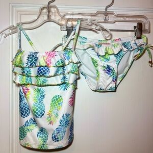Pilyq Pina colada white pineapple print embroidered ruffle tankini NWT Sz 10